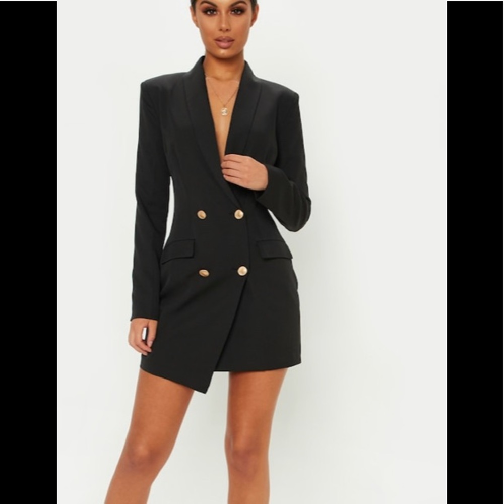 Double-Breasted Black Blazer Dress with Gold Buttons